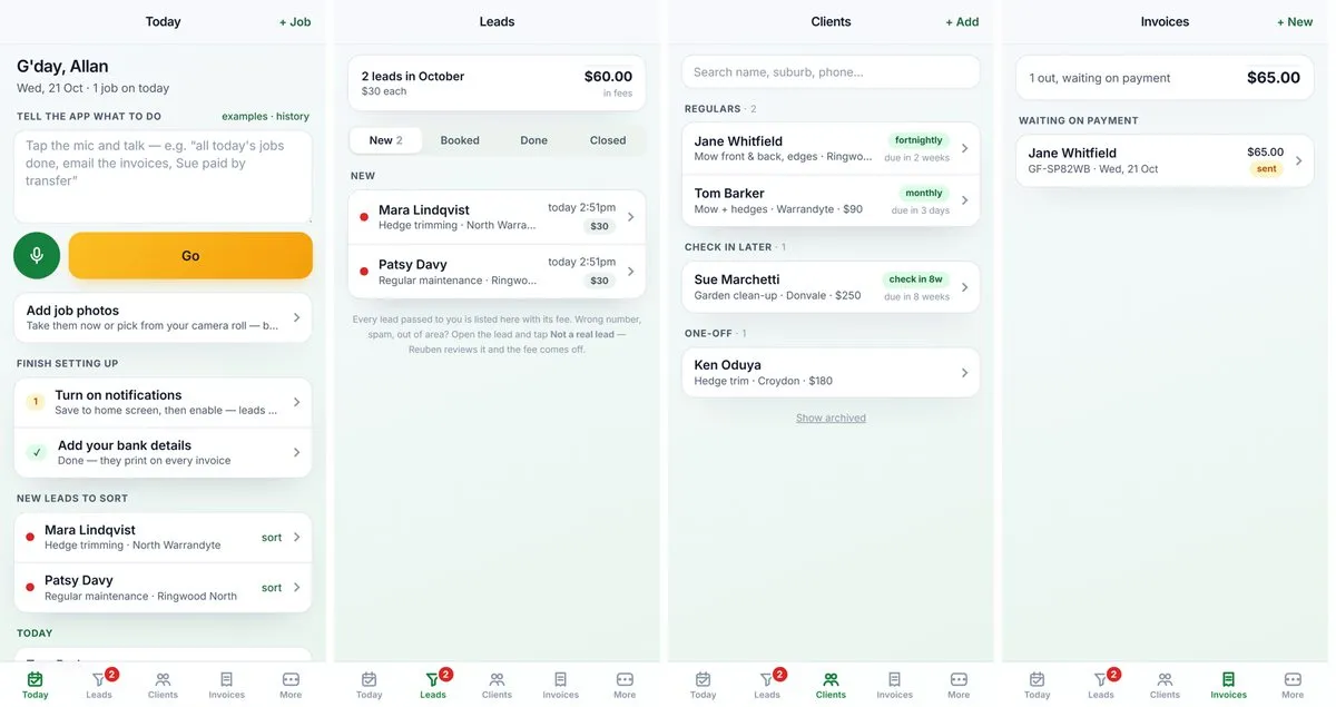The franchisee app: today, leads, clients and invoices (demo data)