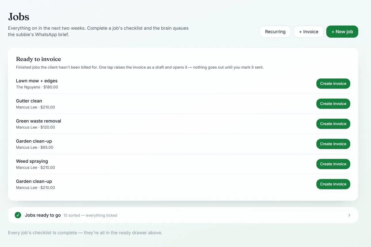 The jobs screen, with finished work ready to invoice (demo data)