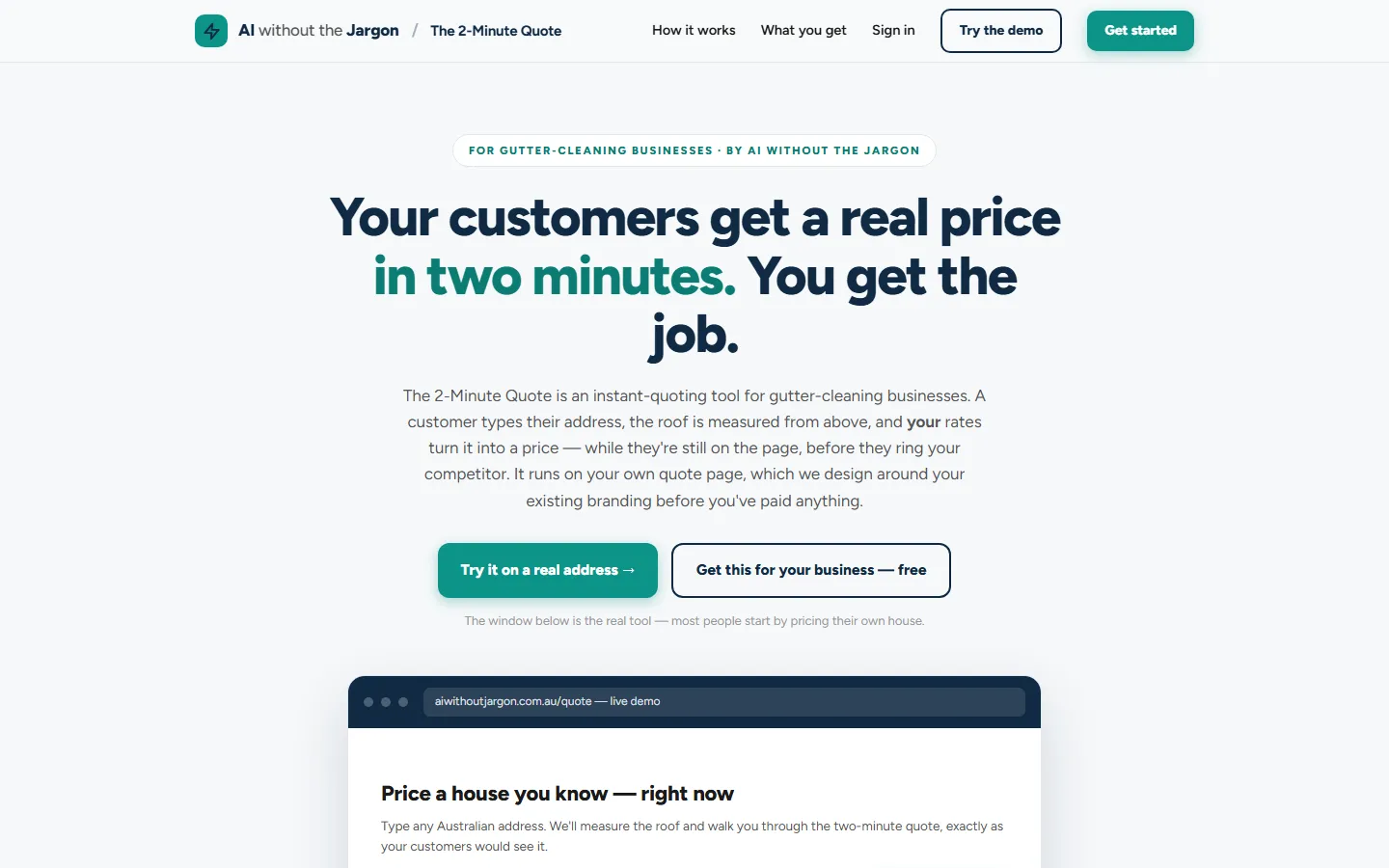 The quoting platform's landing page