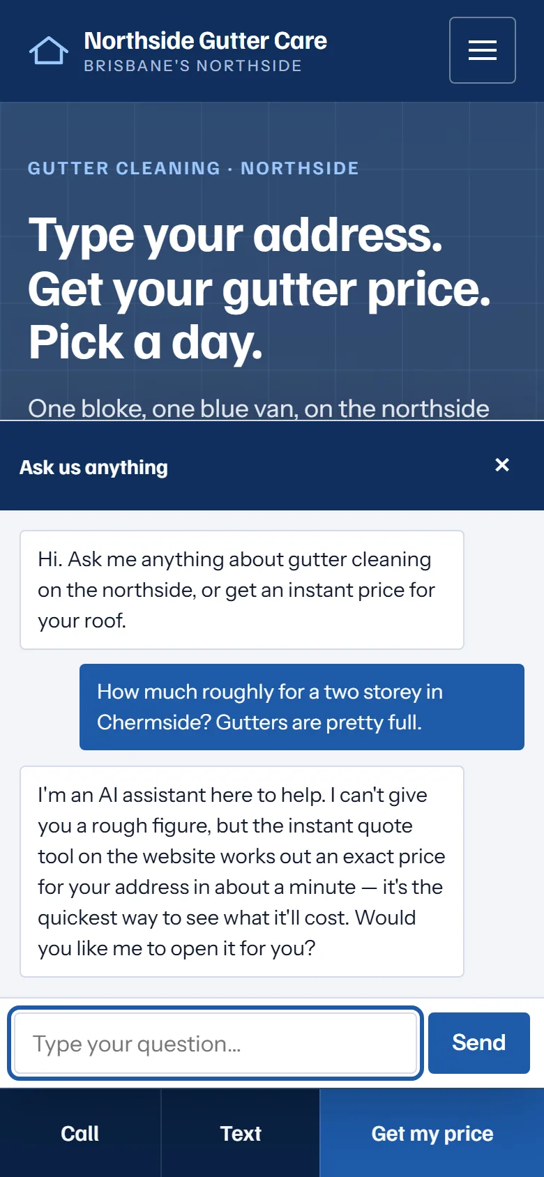 The chatbot open on a phone on the demo site: a customer asks roughly how much for a two-storey in Chermside; the assistant says it can't guess a figure and offers to open the instant quote tool