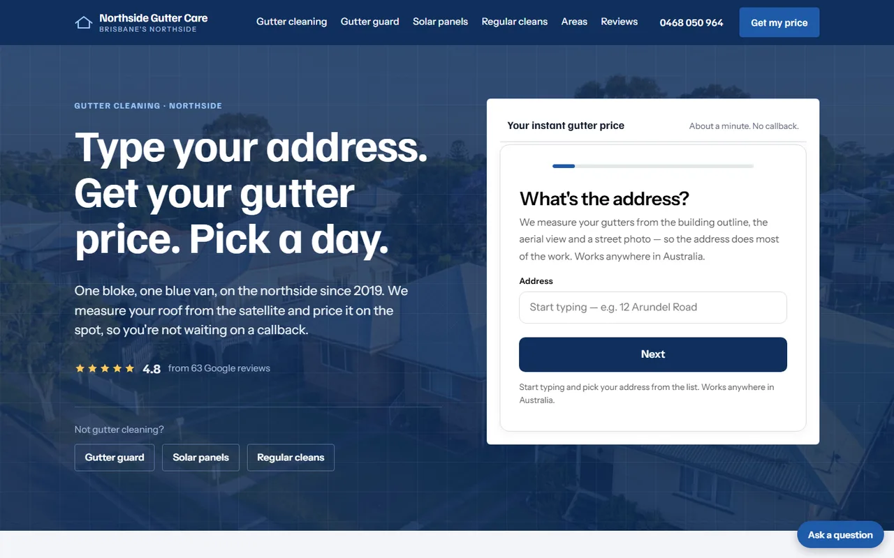 The example site's home page: a headline and the instant quote tool over a golden-hour photo of a Brisbane northside street