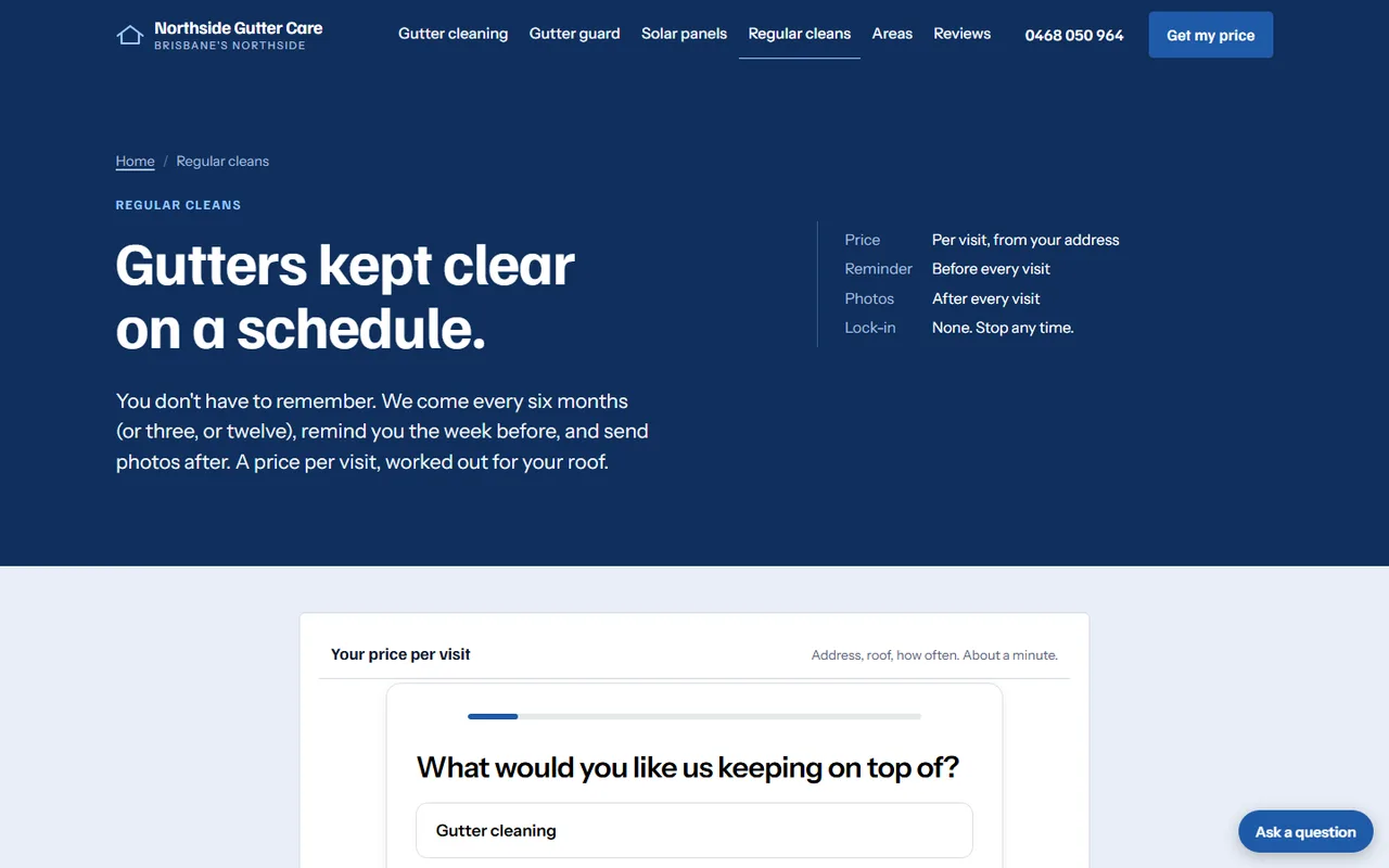 The maintenance-plan page: regular cleans priced by the same tool, with a sign-up form