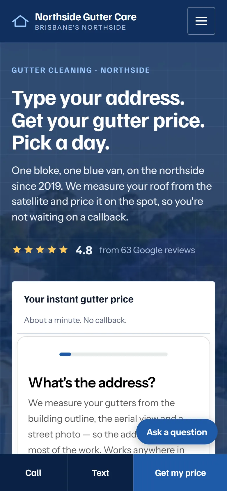 The example site on a phone: headline, the instant quote, and a call, text and price bar along the bottom