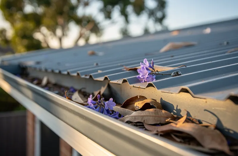 Close view of a corrugated Colorbond roof edge and metal gutter on a Queensland house, gum leaves gathered in the gutter, morning light